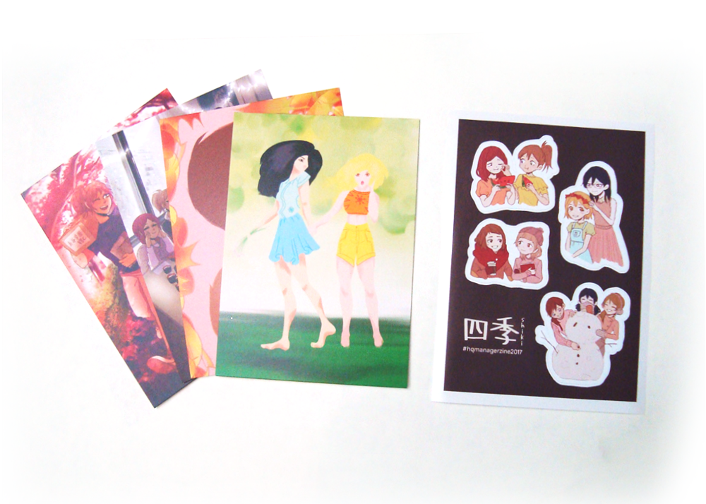 A photo of the zine's merch--four illustration prints (left) and a die-cut sticker sheet (right).