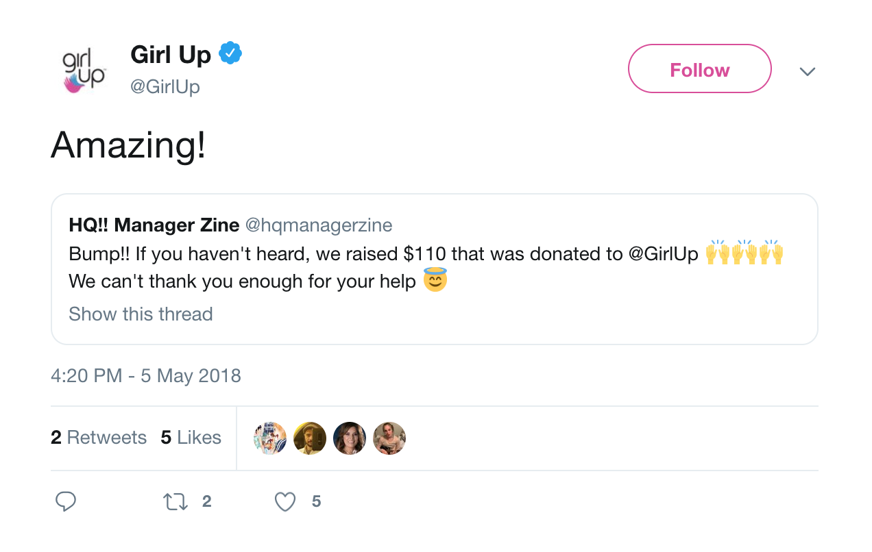 A screenshot of the official Girl Up Twitter quote-retweeting the zine's donation announcement.