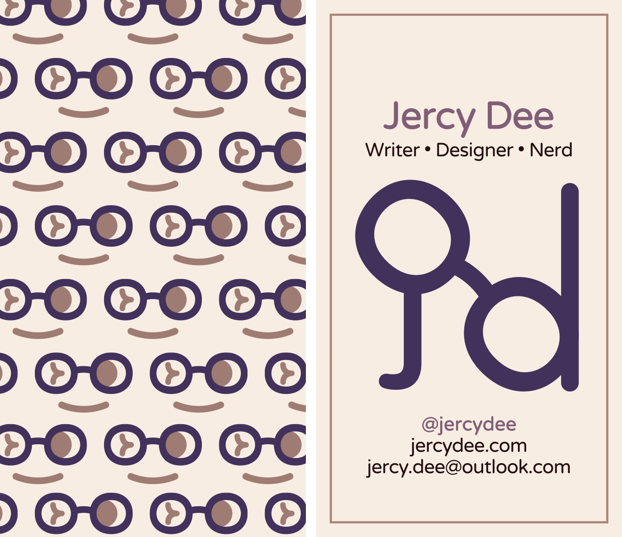 A digital collage of my business card--the patterned front side on the left, and the information back side on the right.