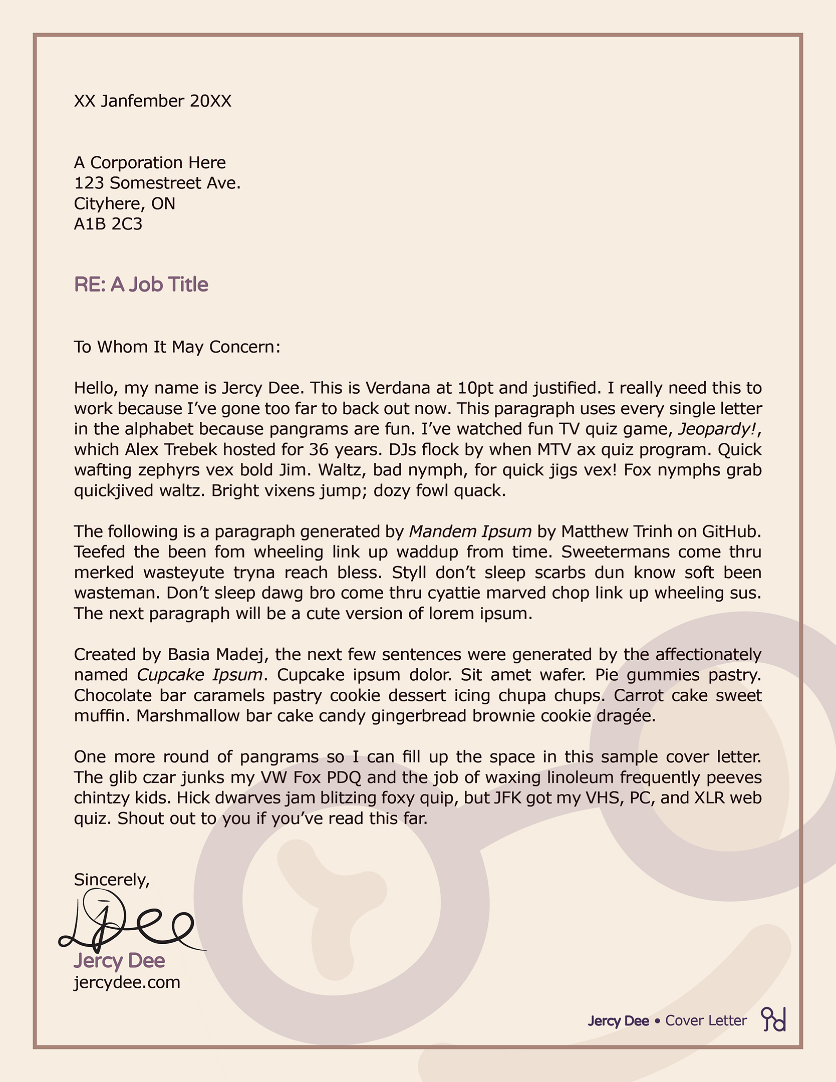 An example of a design-based cover letter using my brand.