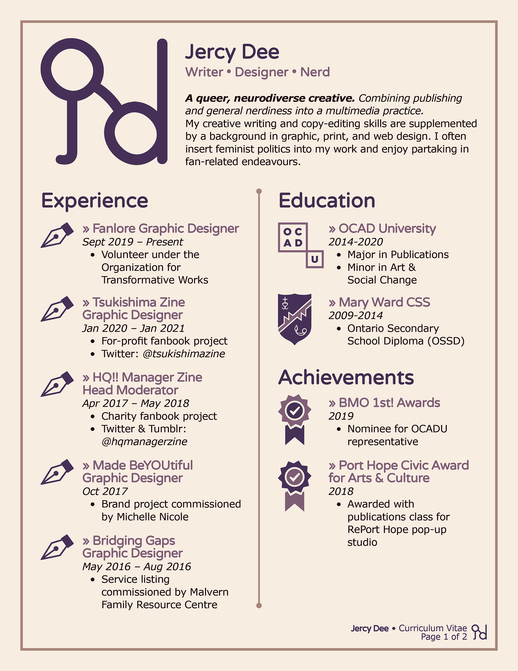 Page 1 of a design-based CV using my brand, which lists my name, objective, work experience, education, and achievements.