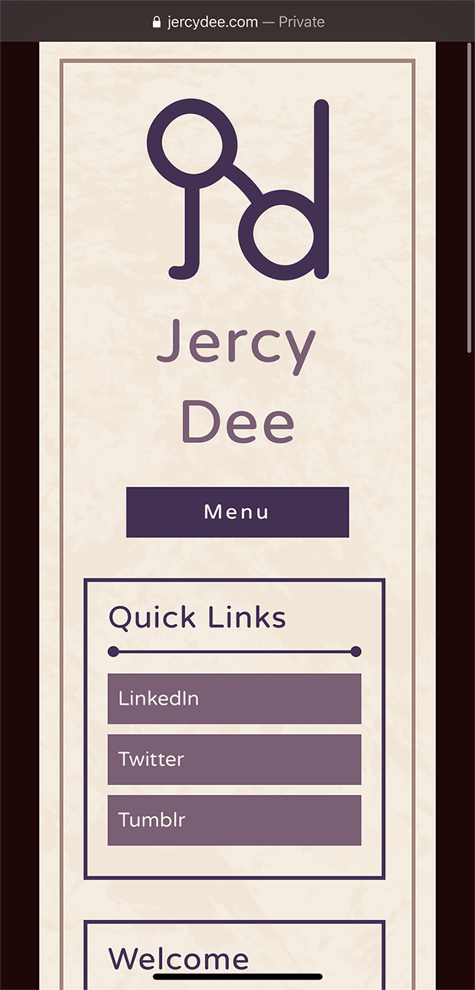 A screenshot of jercydee.com's Homepage on a mobile phone.