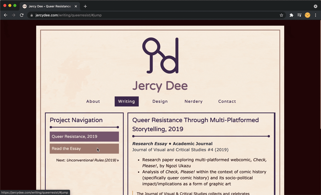 A gif of jercydee.com's Queer Resistance page demonstrating the slide function on desktop.