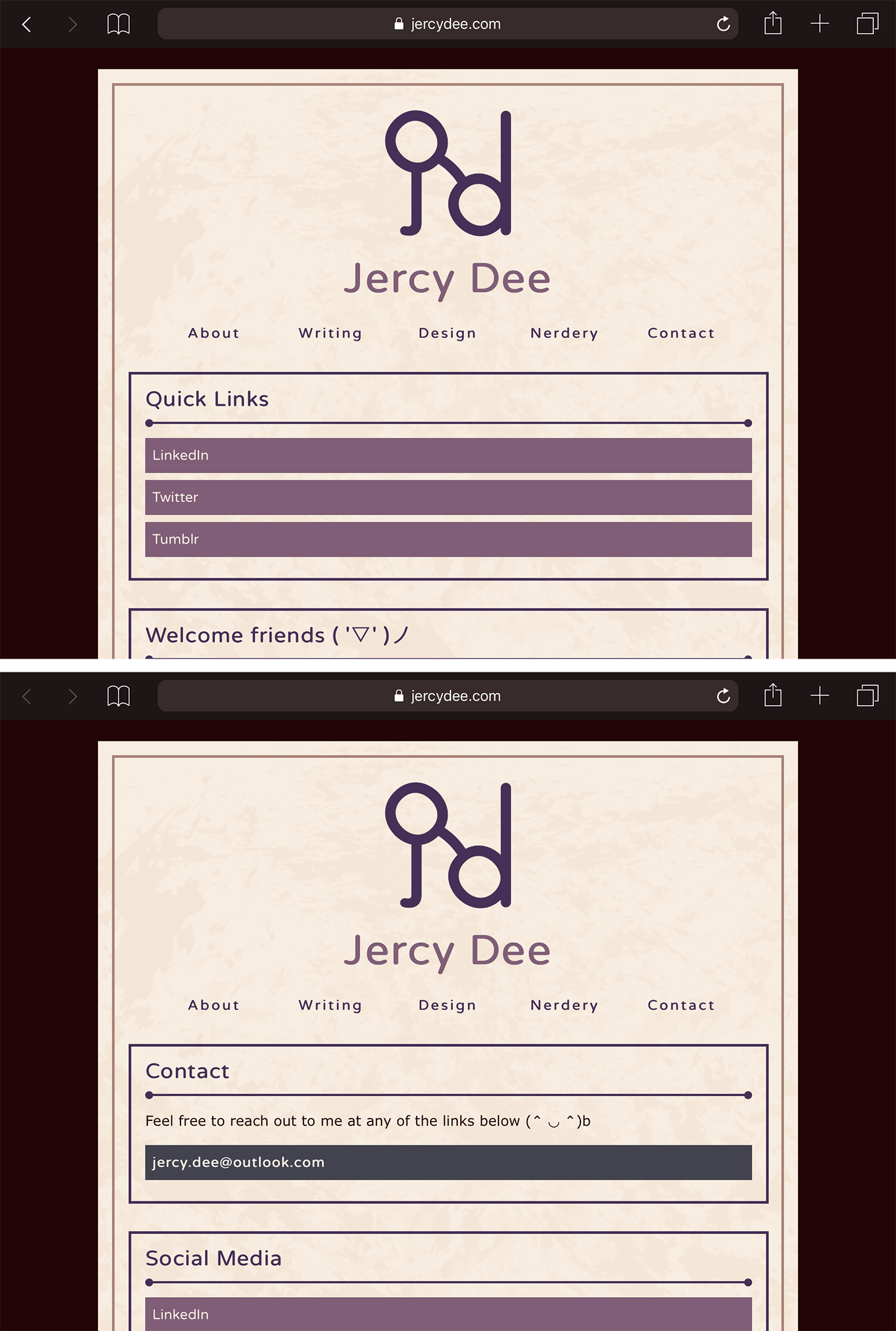 A digital collage of screenshots of jercydee.com's Homepage and Contact page on a tablet.