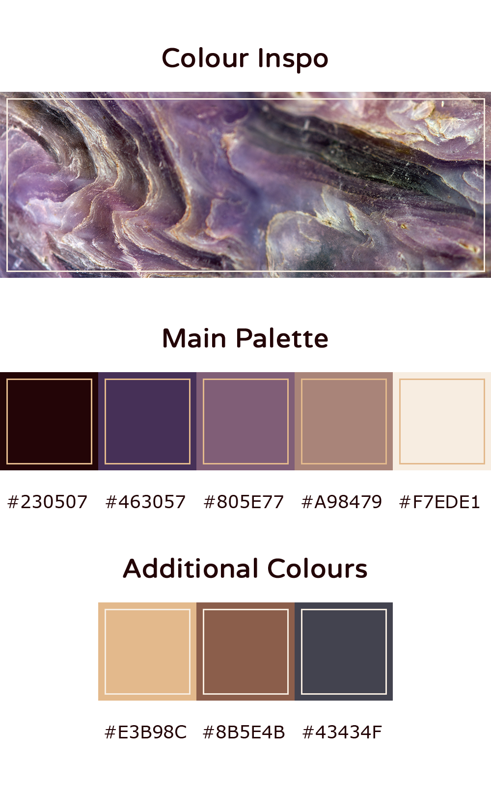A graphic explaining my colour palette: At the top, a close-up photograph of Charoite mineral. In the middle, a set of five colours for the main palette. At the bottom, a set of three additional colours.