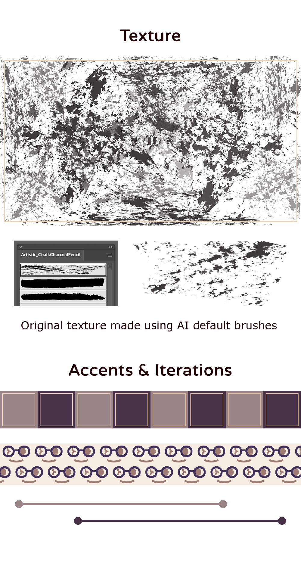 A graphic explaining other the graphic elements in my brand: In the top half, the texture in greyscale with small notes on how I created it. In the bottom half, other accents and iterations using the graphic elements.
