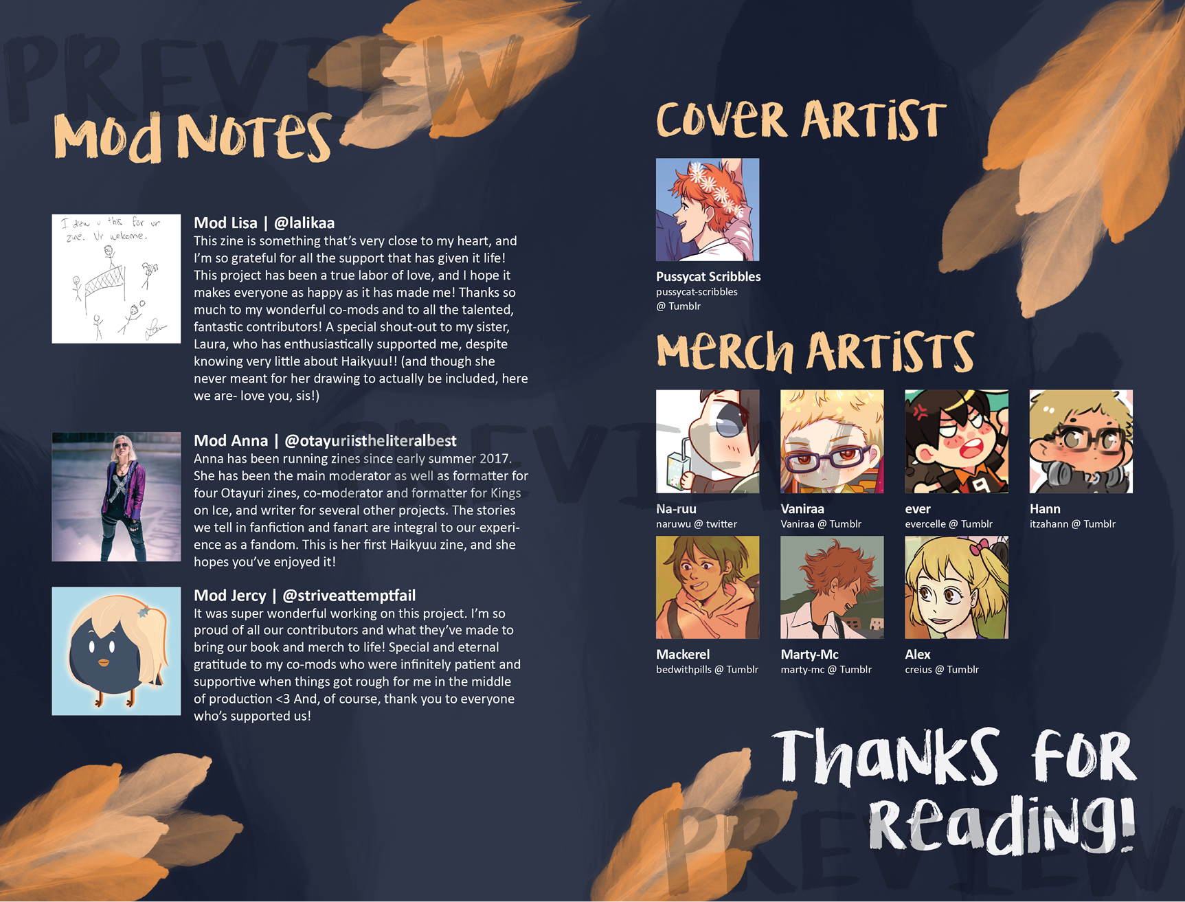 A screenshot of one of the digital zine's contributor spreads--Mod Notes on the left, and the merch and cover artists on the right.