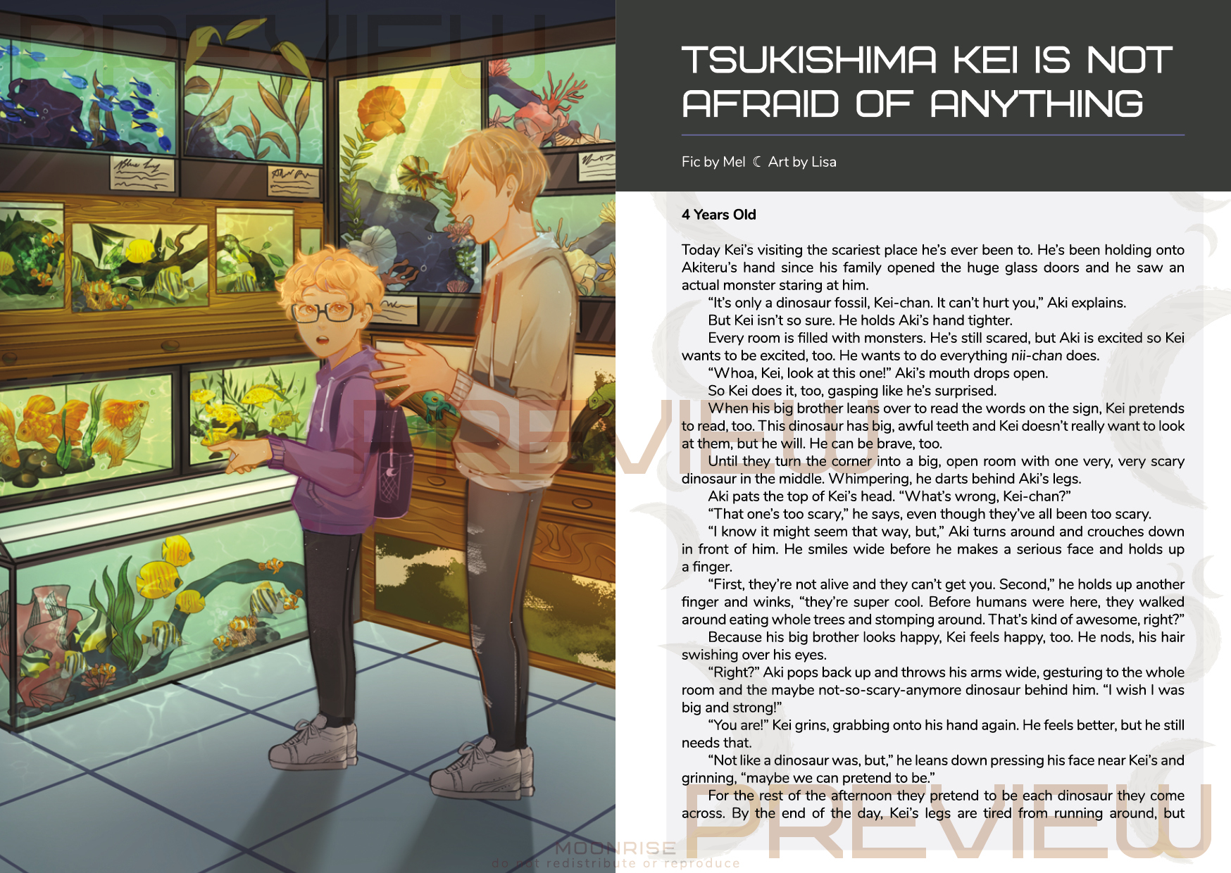 A screenshot of one of the digital zine's spreads--the left showing an illustration by Kou, and the right showing the first page of Mel's fanfic.