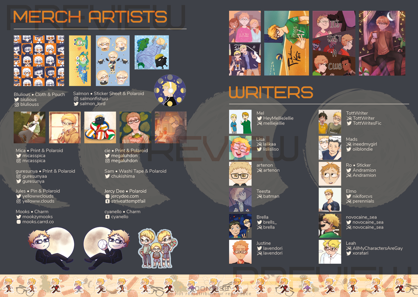 A screenshot of one of the digital zine's contributor spreads--both pages list all the merch artists and writers.