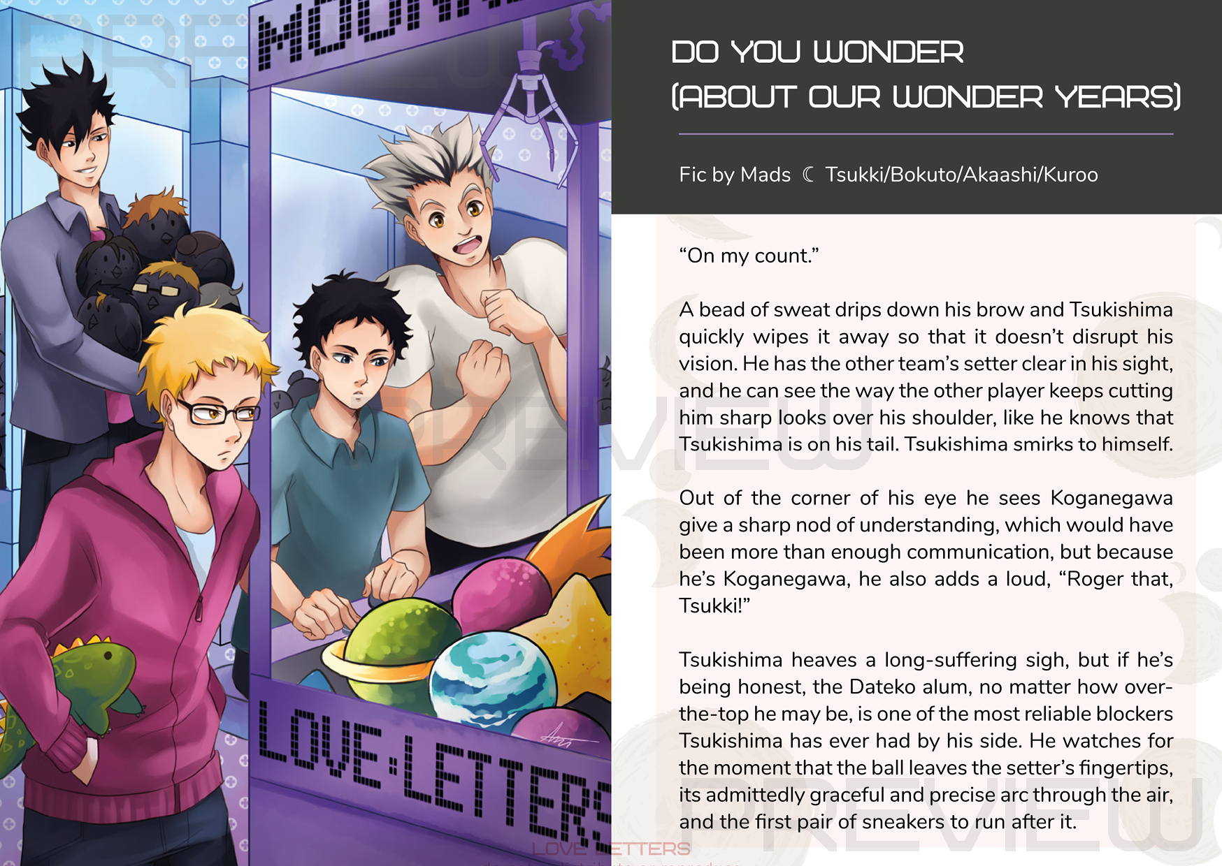 A screenshot of one of the digital zine's spreads--an illustration by Ani on the left, and the first page of Mads' fanfic on the right.