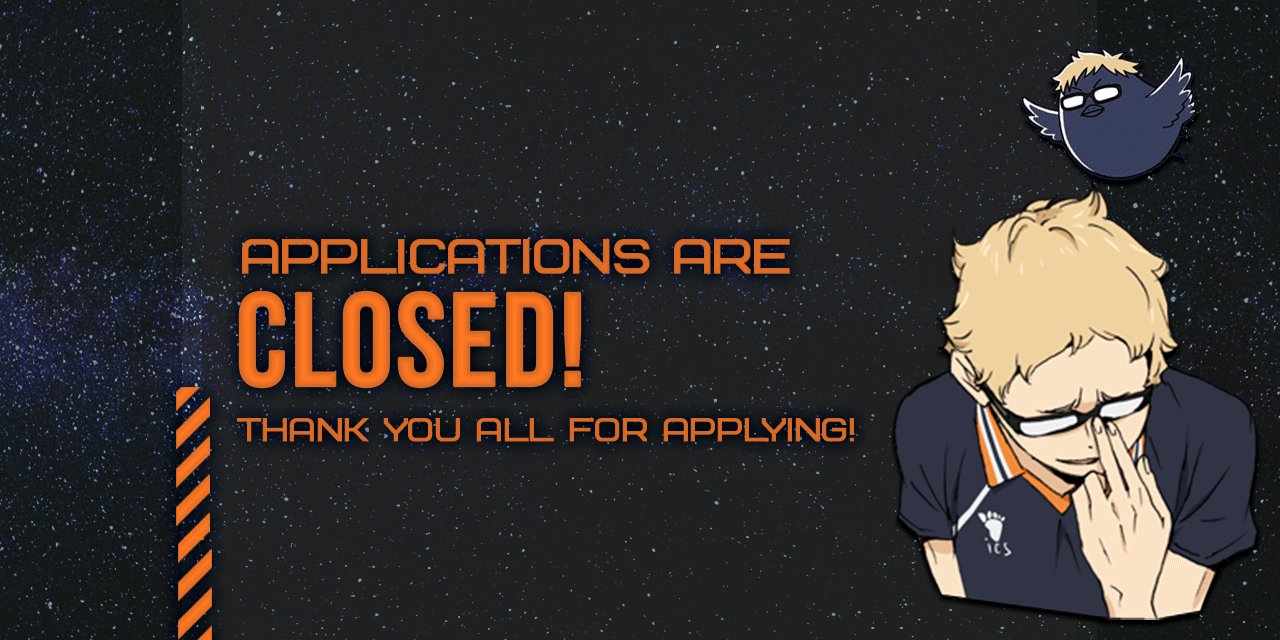 A gif announcing that contributor applications are closed and thanking everyone for applying. Tsukigarasu (crow!Tsukishima) is flying across the image.