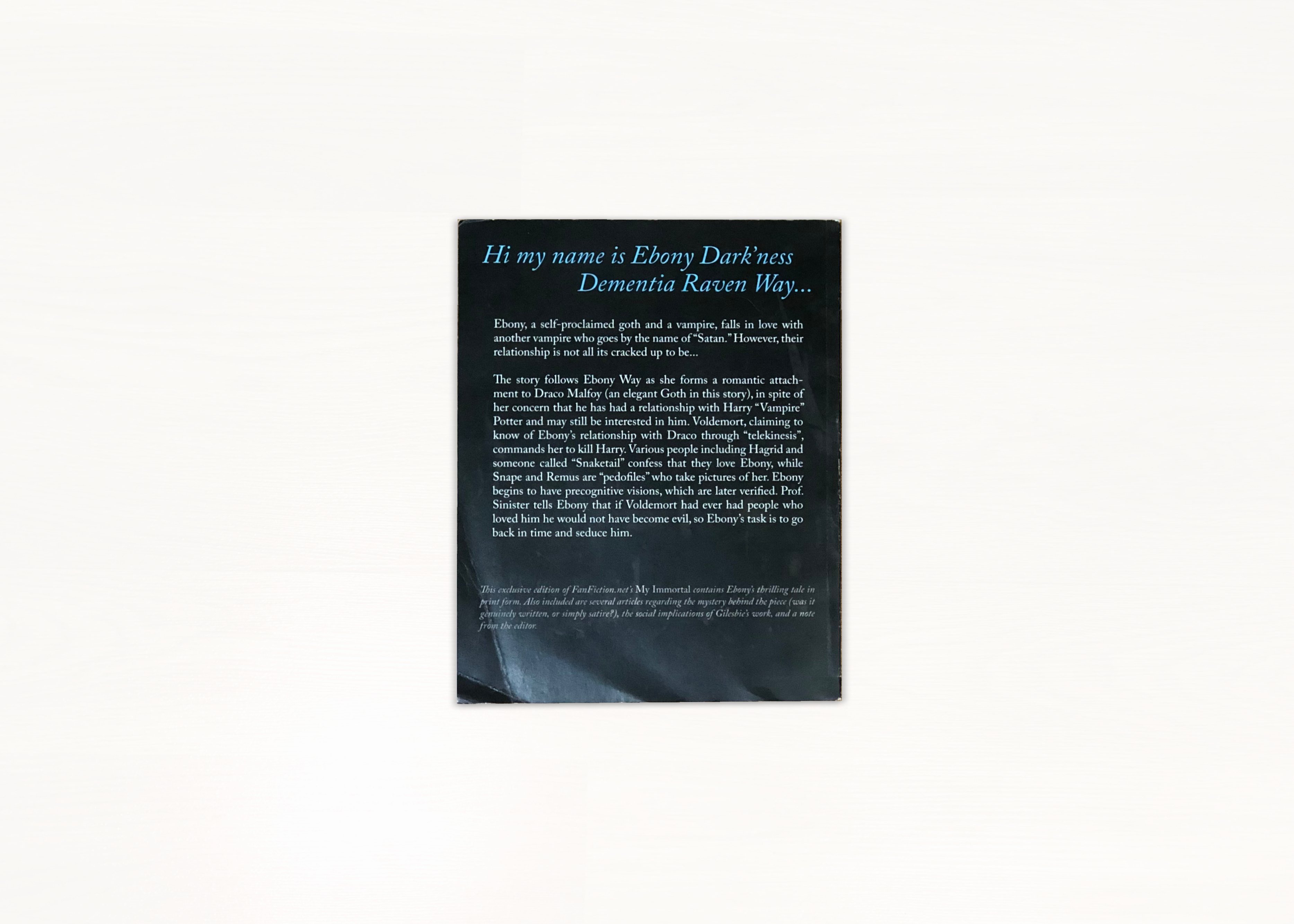 A printed version of the book's back cover.