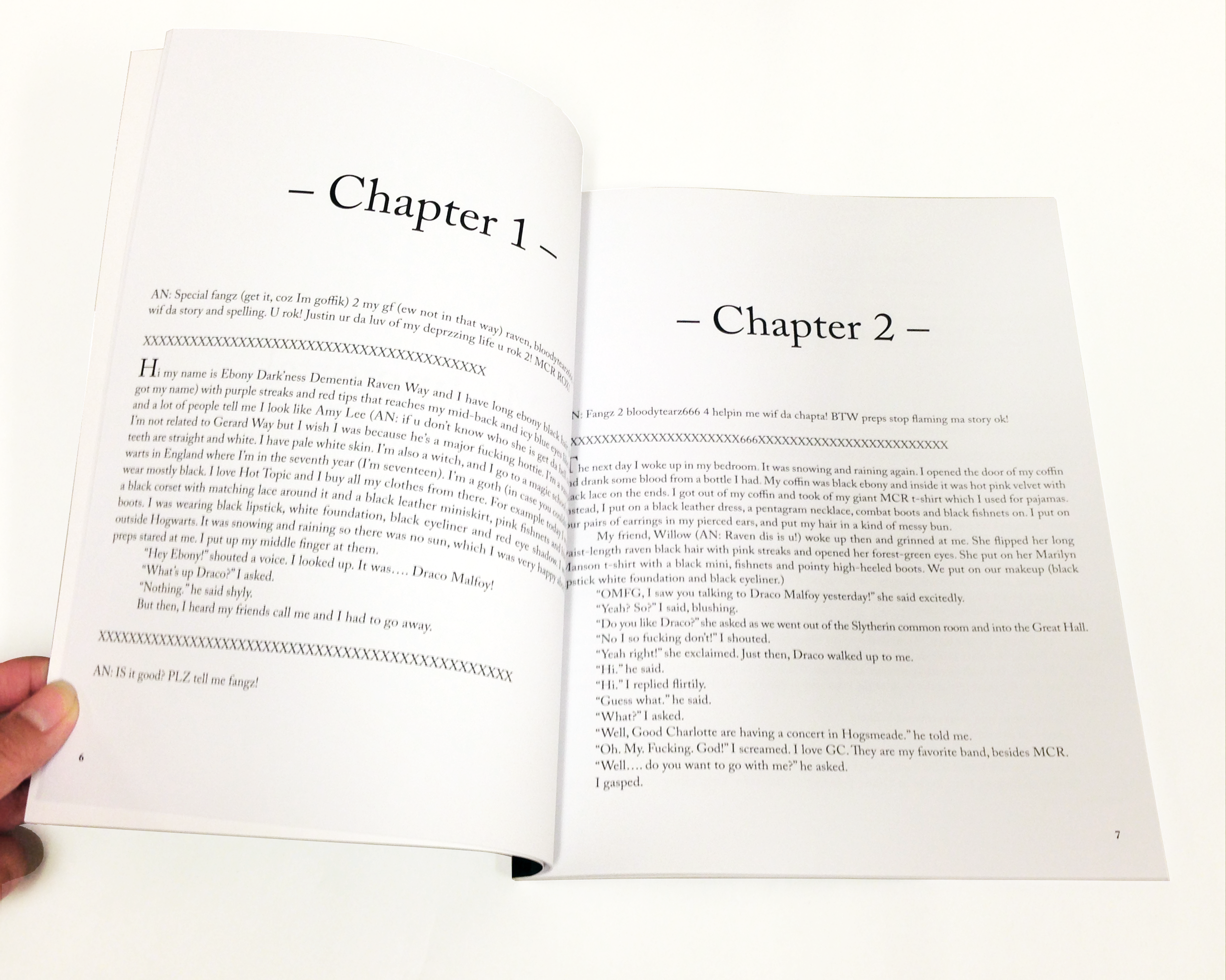 The book is opened to show an interior spread of Chapters 1 and 2 respectively.