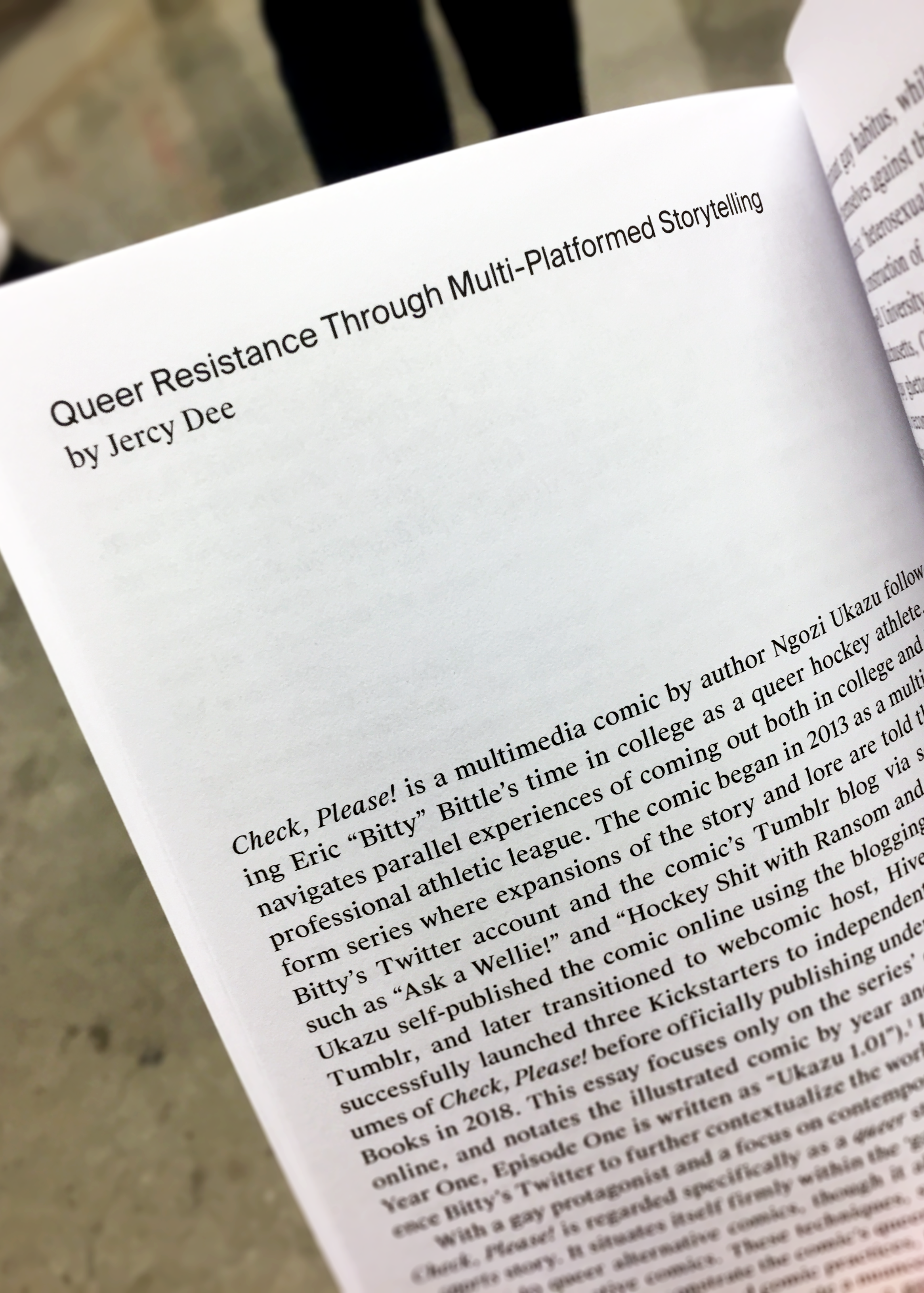 A close-up of the first page of the Queer Resistance essay.