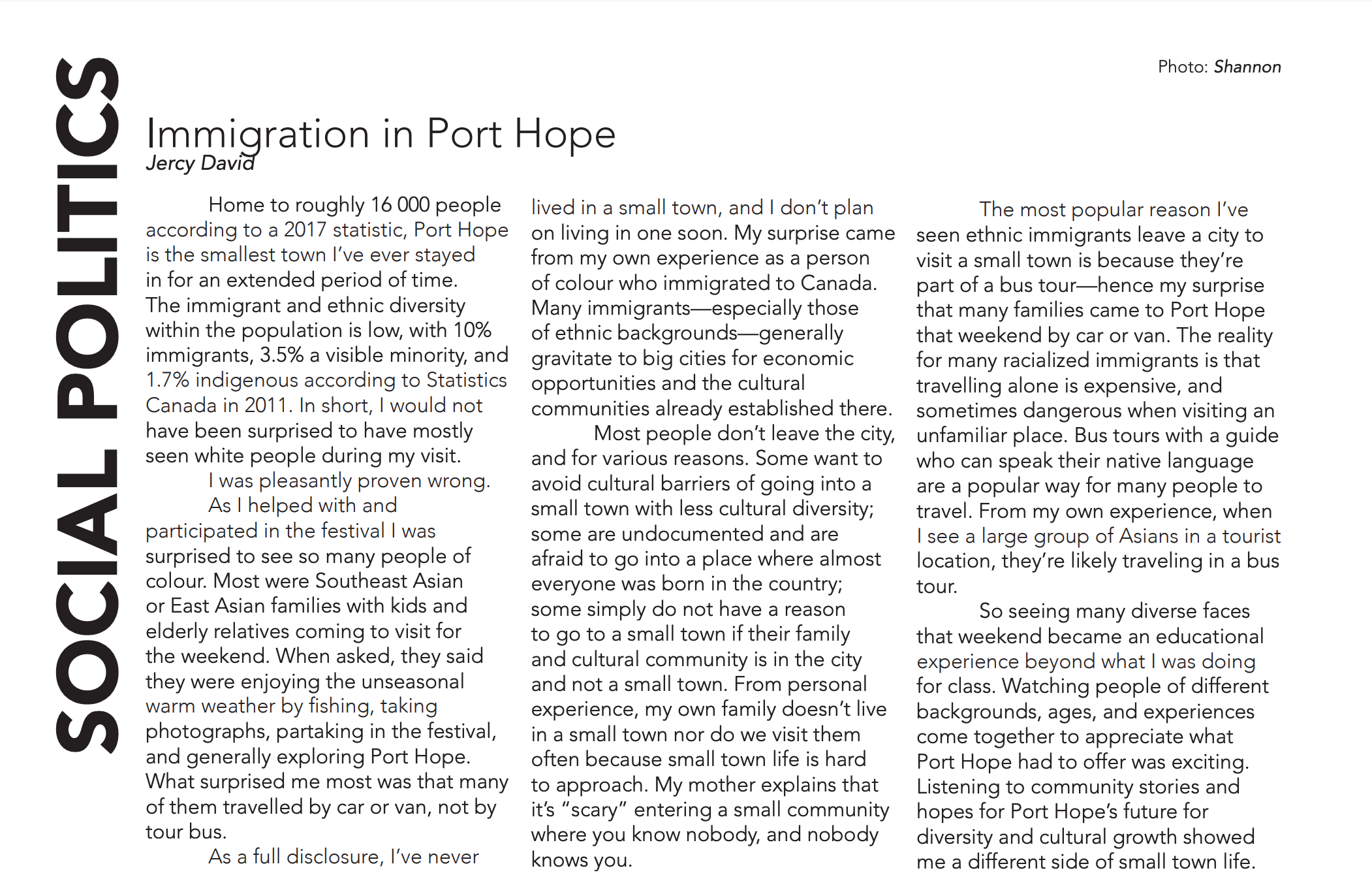 A screenshot of the Immigration in Port Hope article from the RePort Hope PDF.