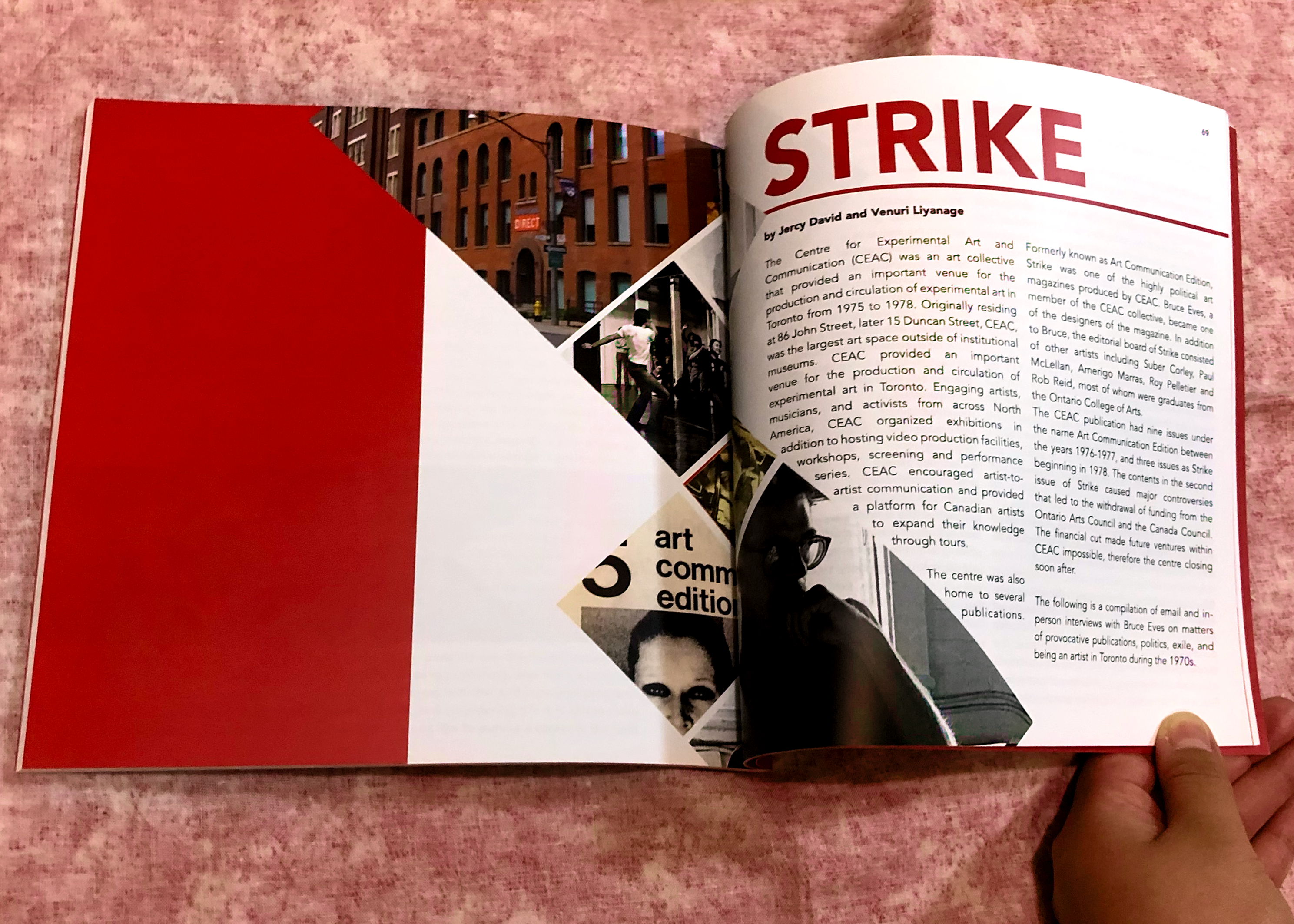 A printed copy of POINT5 no.5 displaying a spread from Strike.