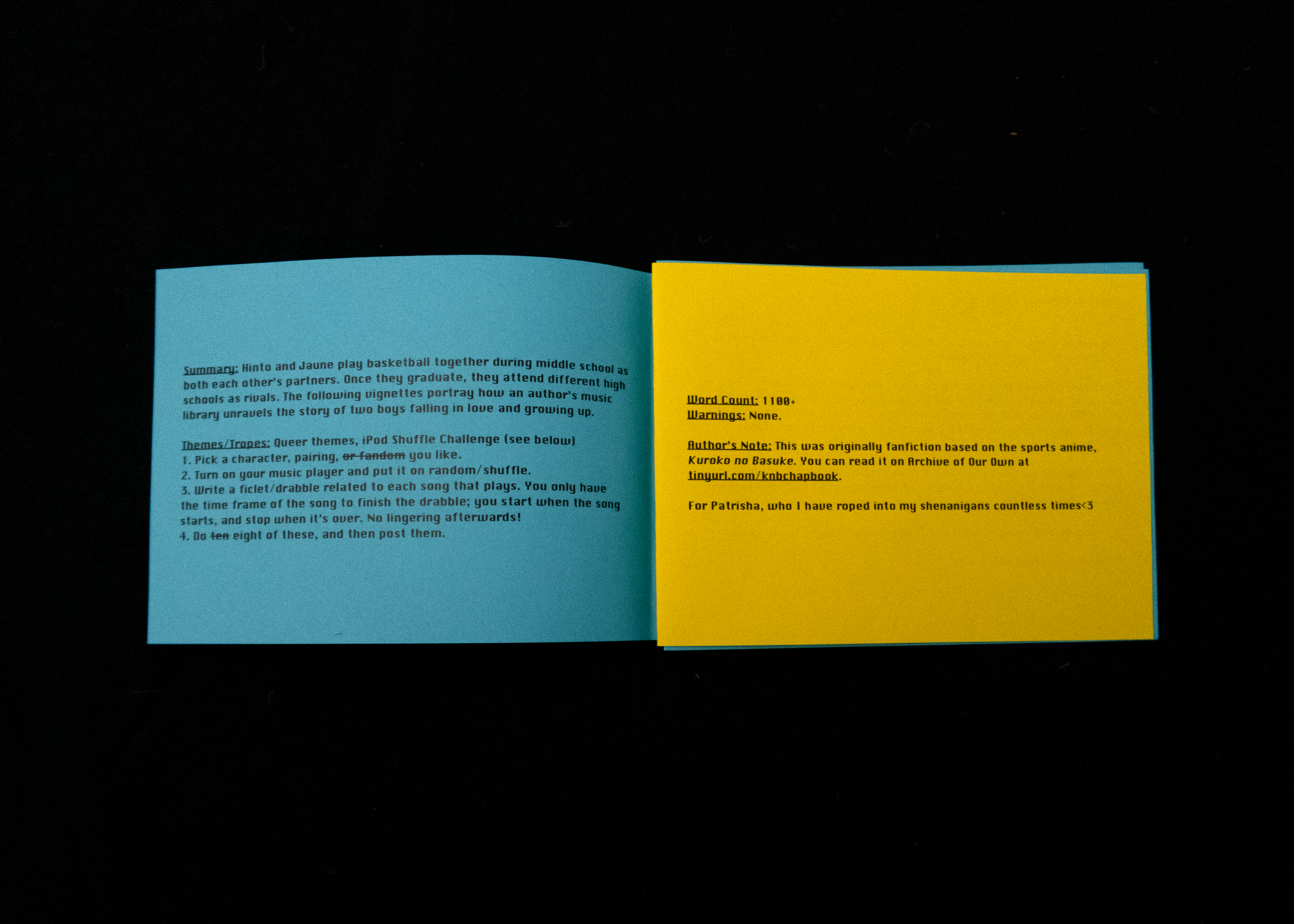 The opening spread of Blue & Yellow displaying the story's information--the summary and themes on the left; word count, warnings, and author's note on the right.