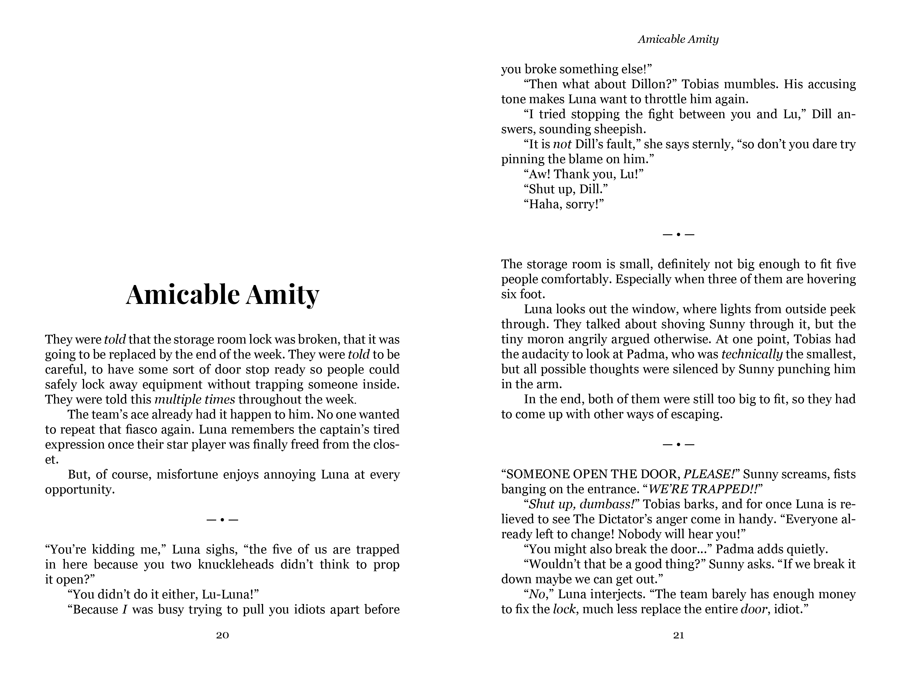 A digital version of a two-page spread from the Amicable Amity chapter.