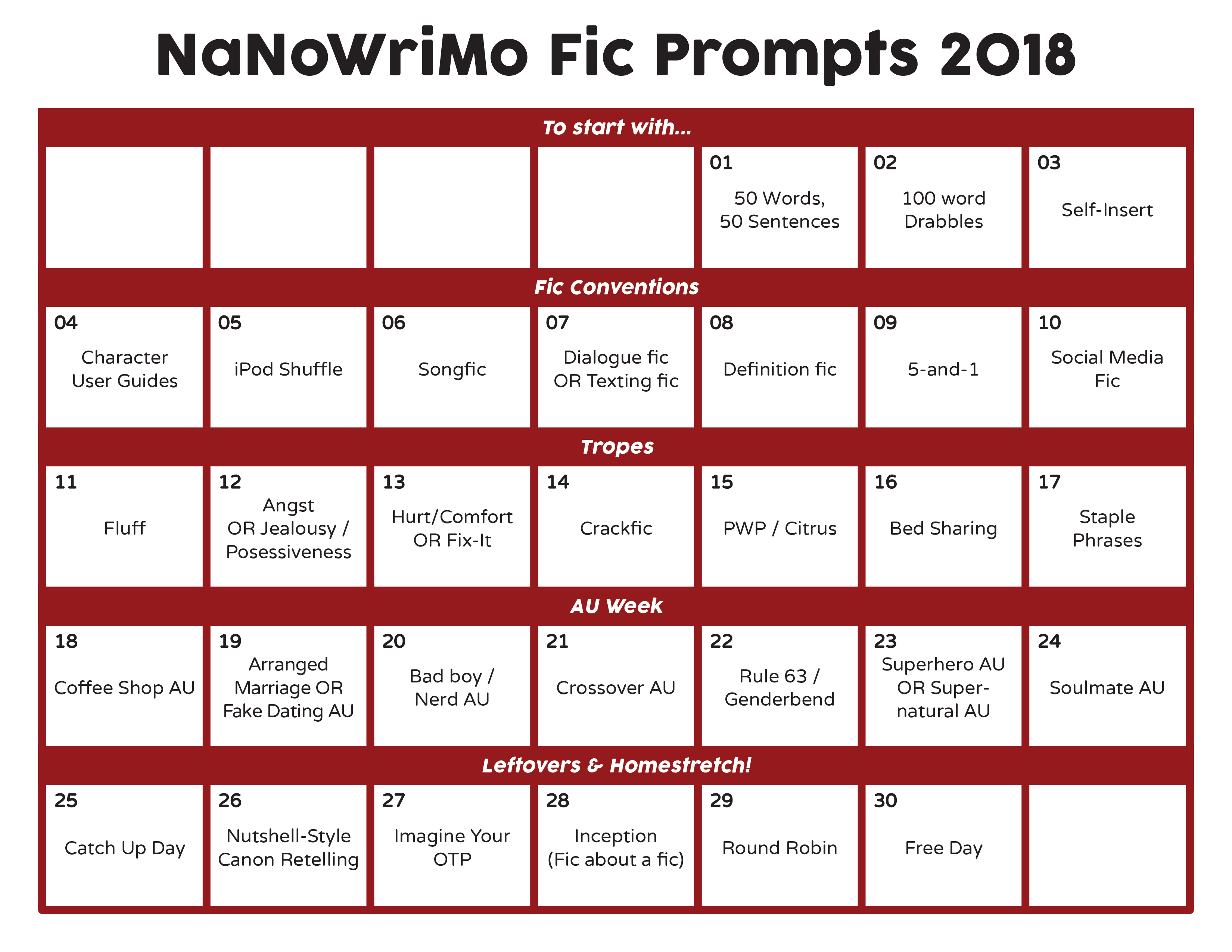 A November 2018 calendar with fanfic prompts written for each day.